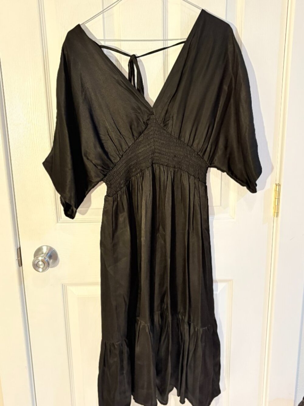 Hiemish USA Black Satin Smocked Waist Midi Dress Size S